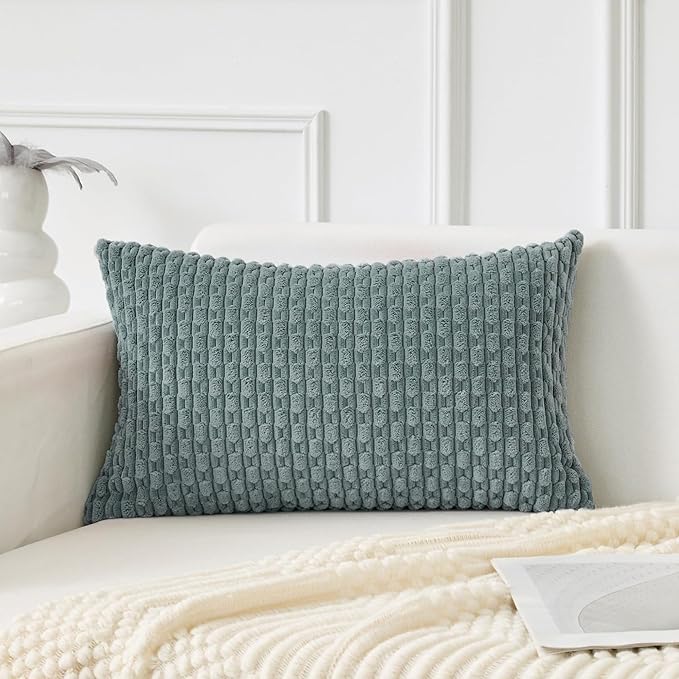 Kevin Textile Soft Corduroy 12"x20" Lumbar Pillow Cover 1 Pack, Teal Green | Boho Stripe Plush Corduroy Decorative Oblong Cushion Cover Modern Farmhouse Home Decor for Sofa Couch Bed Chair
