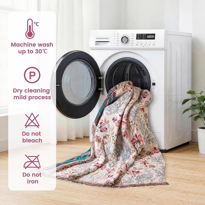 MSGKV Boho Throw Blanket 50"x60" 100% Cotton Floral Throw for Couch Sofa | 100% Cotton Throw, Floral Pattern, Reversible Woven, Breathable Lightweight, Farmhouse Home Decor, Machine Washable