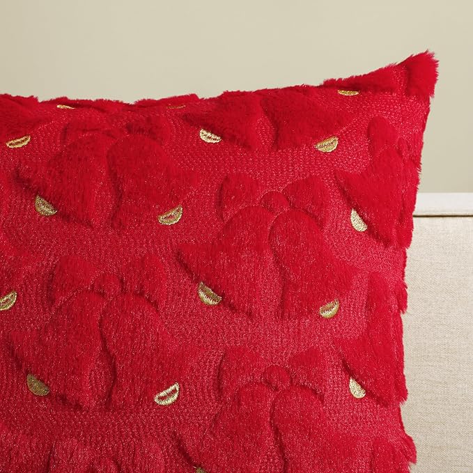 Softalker Christmas Throw Pillow Covers 20 x 20 Inch Set of 2, Xmas Winter Bell Faux Fur Cushion Covers, 3D Embroidered Pillow Cases for Couch Bedroom Living Room Decor, Red
