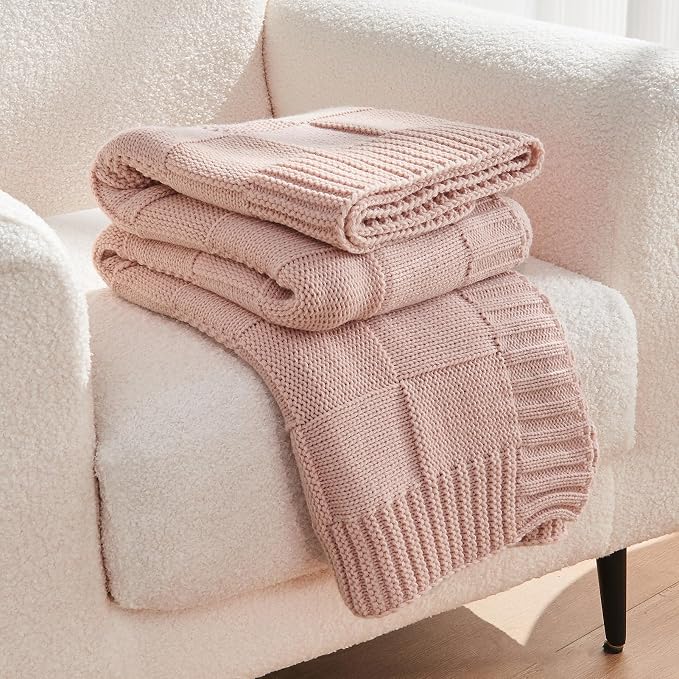 CozeCube Pink Knitted Checkered Throw Blanket 60"X80" | Check Knit Throw for Couch, Decorative Christmas Soft Cozy Warm Blanket for Bed Sofa Living Room