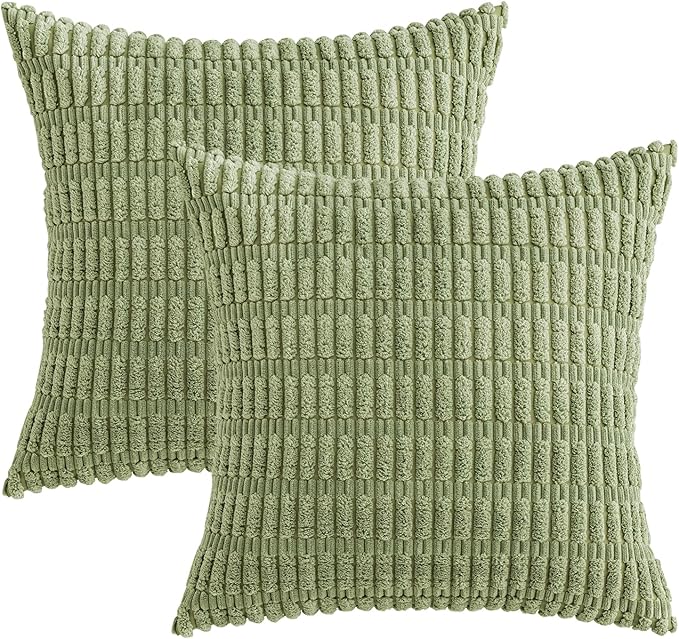 MIULEE Corduroy Decorative Throw Pillow Covers 12x12 Sage Green Pack of 2 | Soft Boho Striped Pillow Covers Modern Farmhouse Home Decor For Sofa Living Room Couch Bed