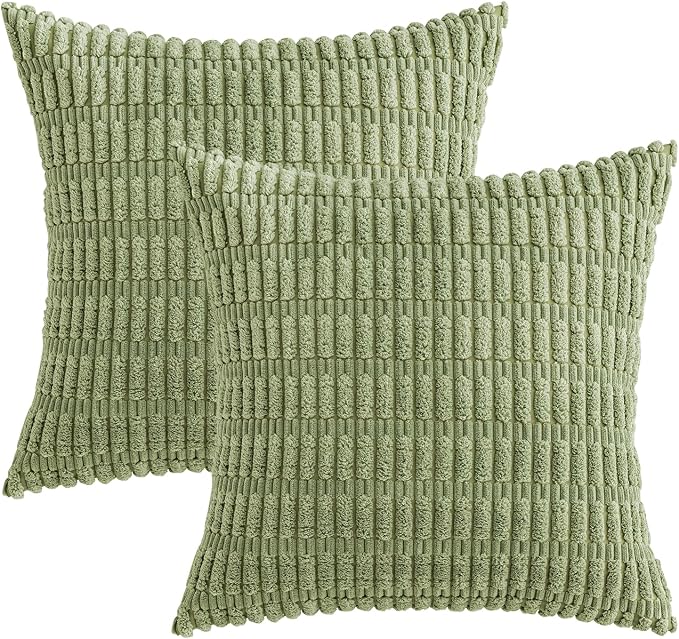MIULEE Corduroy Decorative Throw Pillow Covers 16x16 Sage Green Pack of 2 | Soft Boho Striped Pillow Covers Modern Farmhouse Home Decor For Sofa Living Room Couch Bed