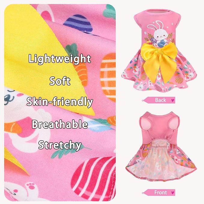 PUPTECK Print Easter Dog Dress with Cute Bow, Pink Rabbit L | Puppy Doggie Pet Clothes Outfits Apparel Costume for Holiday Party Birthday Photoshoot for Small Medium Large Dogs Girls