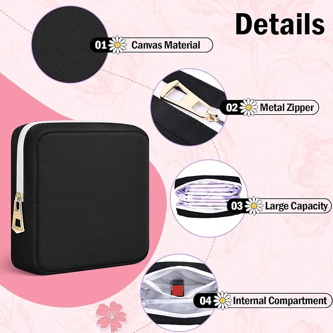 Period Pouch Discreet Sanitary Napkin Storage Bag Pad Bags Black | Black, Portable, Menstrual Cup & Pad Holder, First Period Kit Storage, Feminine Bag for Women