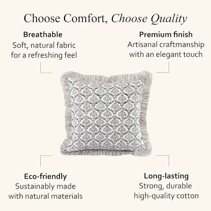 CPC Sandstone Regal Hand Block Print 100% Cotton Ruffle Throw Pillow Cover 20x20 inch with Hidden Zipper Decorative for Couch, Bed, Sofa, Farmhouse, Cottagecore Decor Gift Christmas Fall Thanksgiving