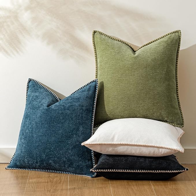 a moment Pack of 2 Decorative Chenille Throw Pillow Covers with Twill Cushion Covers for Sofa Living Room Couch Bed 22x22 Inch,Crafted Border Moss Green