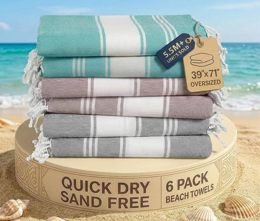 LANE LINEN Pool Towels, Turkish Beach Towels Oversized Set of 6, Pre-Washed, No Shrink, Quick Dry Travel Towel, Beach Towel for Women, Absorbent & Sand Free Towel, 39"x71" - Summer Color
