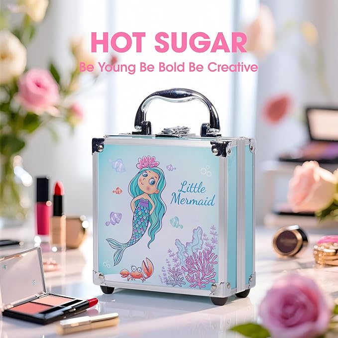 Hot Sugar Girls Makeup Kit Age 4-6 7-8 10-12, Little Girl Makeup Set, Makeup Kit for Teenagers 13-15 Includes Eyeshadow Lip Gloss Blush Highlighter Contour Brush (Blue Mermaid)