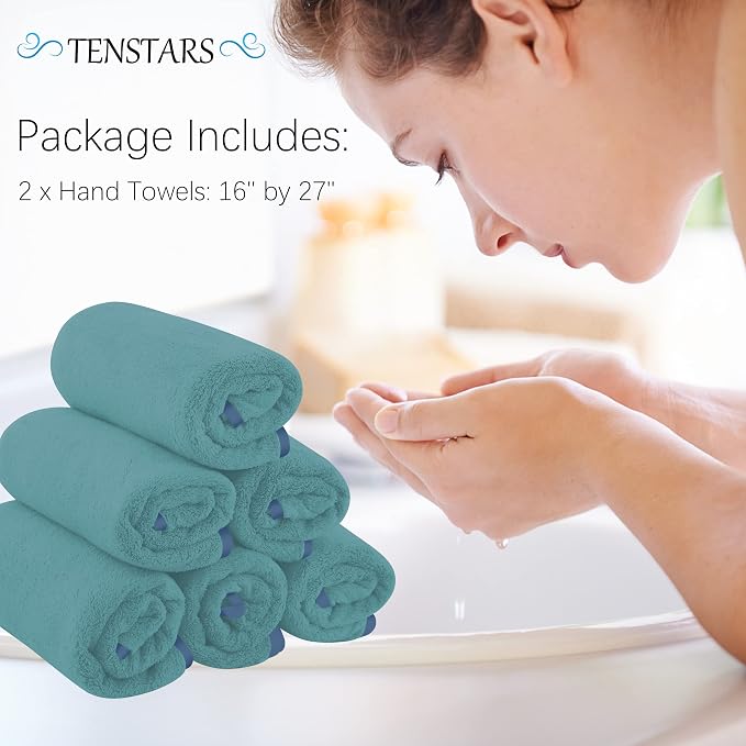 TENSTARS Silk Hemming Hand Towels for Bathroom - Quick Drying - Ultra Soft Microfiber Absorbent Towel for Bath Fitness, Gym, Shower, Hotel, and Spa - 16x28 Inch | Set of 6, Teal