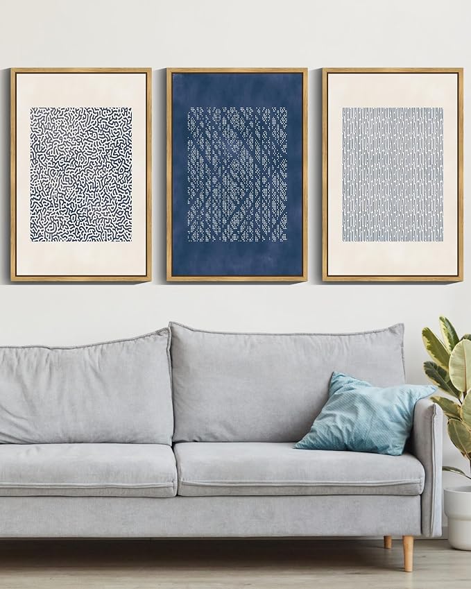 Drsoum Blue Mid-Century Modern Framed Wall Art Large 16x24in Minimalist Abstract Boho Wall Decor Geometric Artwork Kitchen Dining Room Natural Framed