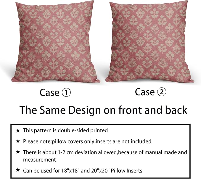 Pink Floral Pillow Covers 22x22 Inch Set of 2, Vintage Flower Block Print Pattern Decorative Throw Pillowcases Outdoor Farmhouse Cushion Covers Spring Summer Rustic Sofa Couch Bed Decor