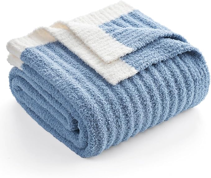 Snuggle Sac Fluffy Ribbed Blue Bedding Blanket Twin Size, Soft Luxurious Knit Fuzzy Plush Microfiber Blankets for Sofa, Bed, Blue, 60x80 inches
