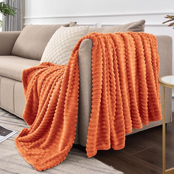 BEDELITE 3D Ribbed Burt Orange Fall Throw Blanket for Couch, 50x60 Inch | Soft Warm Decorative Fluffy Blanket, Cozy Plush Lightweight Fuzzy Throw Blanket for Bed Sofa Room Fall Decor, Gift for Women