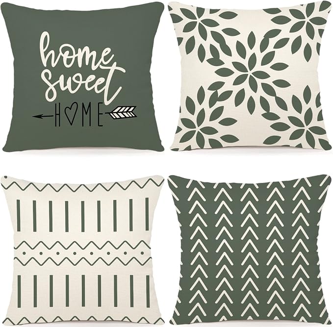 YCOLL Pillow Covers 16x16 Set of 4, Modern Sofa Throw Pillow Cover, Decorative Outdoor Linen Fabric Pillow Case for Couch Bed Car, Aqua Green