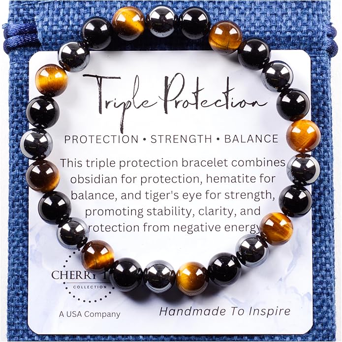 Cherry Tree Collection – Handmade Crystal Bracelets with Black Obsidian, Tiger’s Eye and 6 Other Gemstones for Men & Women – 8mm Beaded Bracelet for Healing, Protection & Positive Energy–Sizes S/M/L