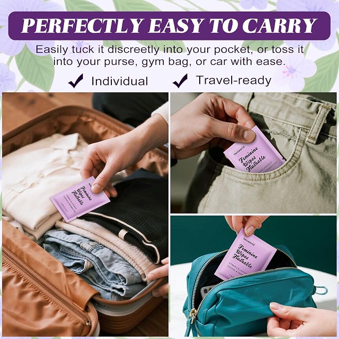 twoworld 200 Feminine Wipes Individually Wrapped,Flushable Wipes Travel | Feminine Care Vaginal Wipes for Adult,Women,Girl and Homeless(Lavender)