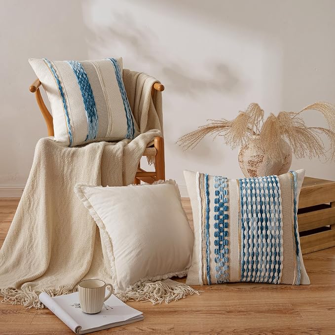 ANRODUO Boho Decorative Throw Pillow Covers Sky Blue Stripe 18x18 Pack of 2 | Throw Pillow Covers, Farmhouse Cushion Case, Chenille Pillow Cases, Coastal throw pillows, Neutral Pillowcase for Couch Bed