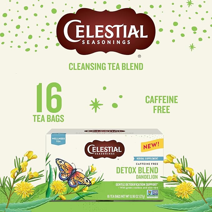 Celestial Seasonings Detox Blend Dandelion Wellness Tea, Caffeine Free, 16 Tea Bags Box (Pack of 2)