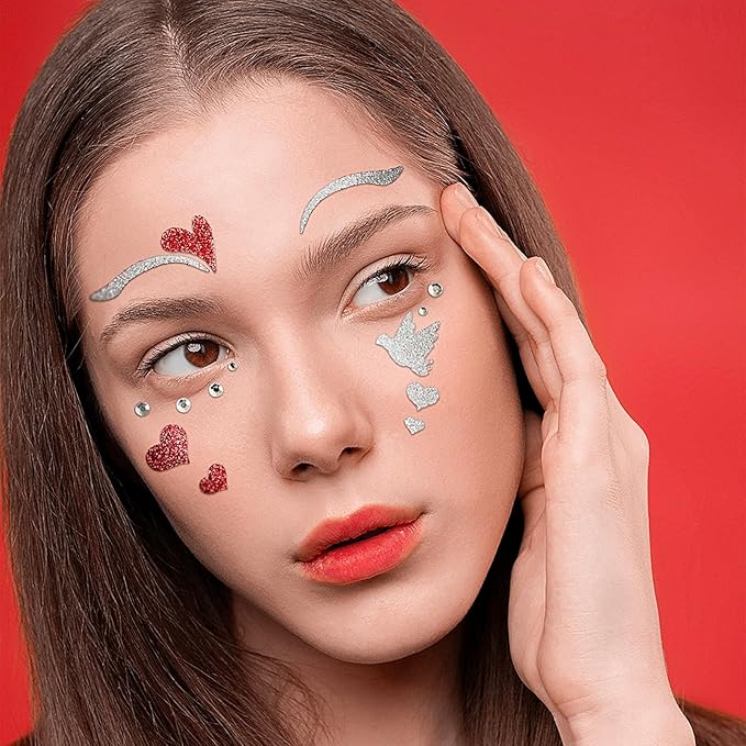 Valentine Face Gems Face Jewels Stickers Red Love Heart Lip Self Adhesive Eye Body Face Nail Hair Crystal Rhinestones for Makeup Festival Glitter Face Art Decor 2Sheets (style5)