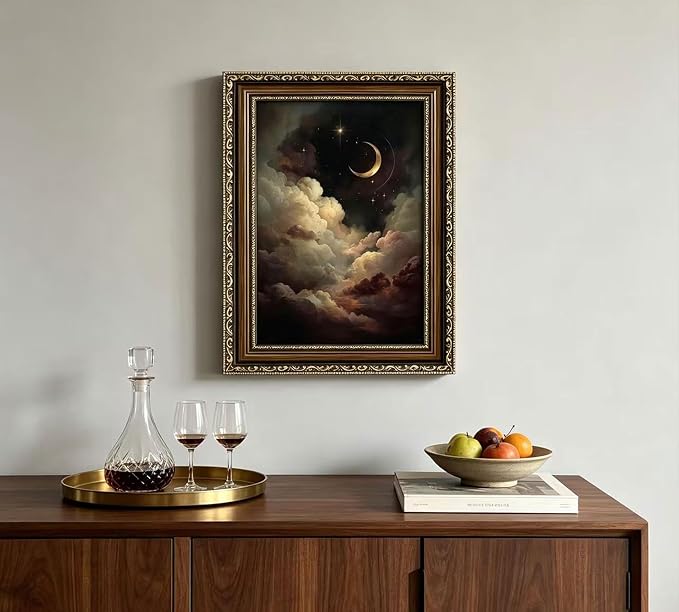 Vintage Gold Framed Crescent Moon Cloud Wall Art, Dark Academia Celestial Starry Sky Oil Painting Print, Antique Ornate Mystical Night Sky Wall Decor, Gothic Cottagecore Home Decor, 16x24in