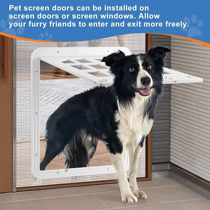 Large Dog Screen Door, 13 x 17 inches Flap Opening Dog Door for Screen Door with 4 Entry Ways, Magnetic Self-Closing Pet Screen Door for Dogs Cats, White
