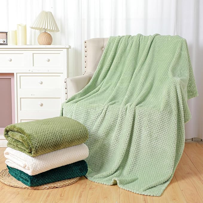 Newwiee 4 Pcs Fleece Throw Blanket, 3D Waffle Textured,Gradient Green | Soft Lightweight Set for Couch Bed Sofa, Warm Winter Throws, No Shedding Pilling, Flannel Waffle Texture, 50x60 Inch