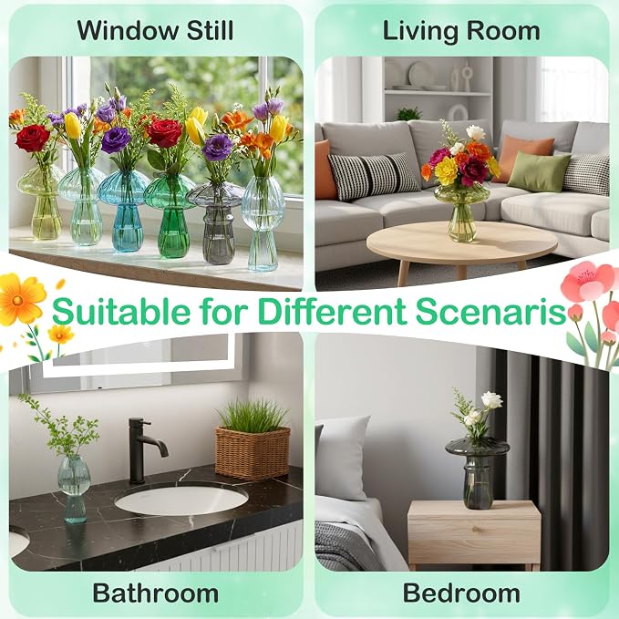 7 Pcs Glass Mushroom Vase Propagation Station with Hydroponic Plant and Artificial Fake Moss 6 Colored Plant Vase Table Centerpiece Decor for Forest Birthday Wedding Party Decoration (Green)