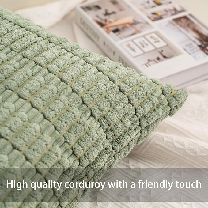 Pack of 2 Corduroy Decorative Throw Pillow Covers 24x24 Inch, Sage Green | Fall Soft Striped Pillow Covers Modern Farmhouse Home Decor Christmas Throw Pillow Covers for Sofa Living Room Couch Bed