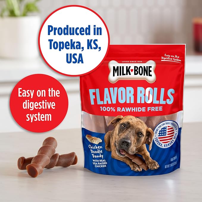 Milk-Bone Flavor Rolls Dog Chews, Chicken Doodle Dandy, 5 Count | 11-oz. bag, Rawhide-free dog chews, Made with real chicken