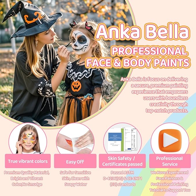 Anka Bella Professional face painting kit for kids，Hypoallergenic & Non-Toxic water based face paint include 26 split cake/1 rainbow cake,Gift for Birthday Parties/Halloween/Carnival