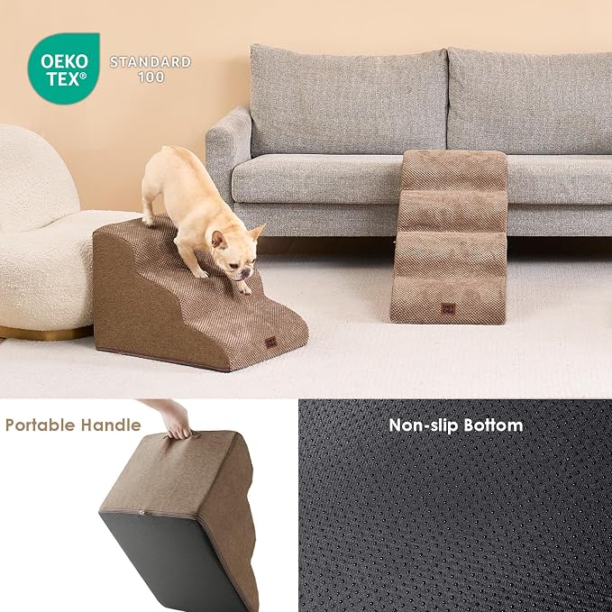EHEYCIGA Curved Dog Stairs Ramp, 3-Step Dog Steps, 15.7" H Pet Step | 33D density of pure foam, for Small Dogs and Cats, Pet Stairs for High Bed Climbing, Non-Slip Balanced Indoor, Camel
