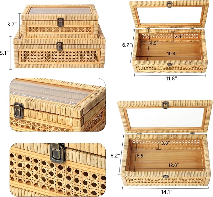 DECOR4SEASON Rattan and Cane Stacking Boxes with Glass Top Lid - Set of 2 for Boho, and Rustic Farmhouse Decor | Natural Rattan Texture, Vintage Trunk Style, Decorative Storage Boxes for Boho, and Rustic Farmhouse Decor