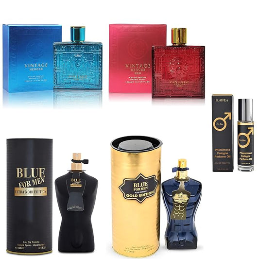 AFLUXE Men's Cologne Gift Set - Variety Pack of 4 Long Lasting Fragrances with 10ml Pheromone Cologne for Men Kit EDP/EDT (PHM-VintageH/VintageHRed/BFM Black&Gold)
