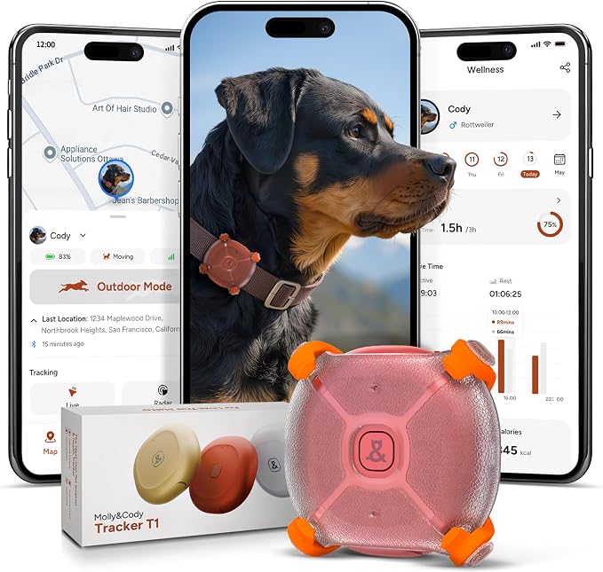 Molly&Cody Smart Dog & Cat GPS Tracker, 4 Smart Modes Real-Time Pet Tracker with Custom Virtual Fence IP67 Waterproof Location History & 365-Day Health Data Monitoring, Subscription Required