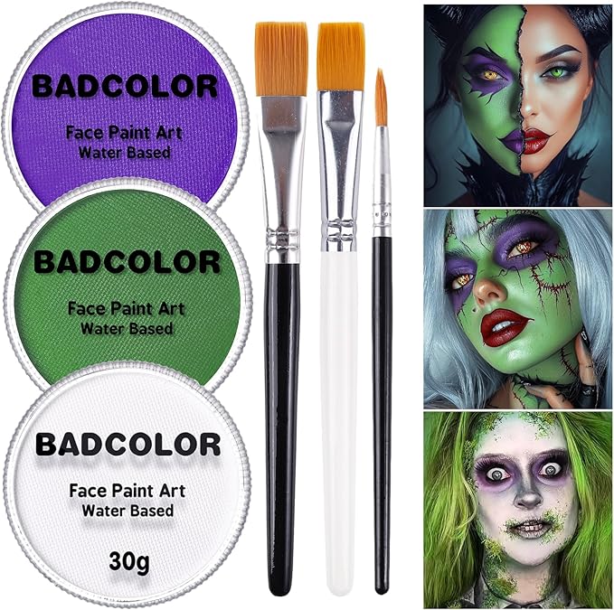 White Green Purple Face Body Paint, Face Painting Kit with Brushes for Beetlejuice & Frankenstein Halloween Makeup, Facepaints for Witch Ursula Maleficent Costume Cosplay & Monster Skeleton SFX Makeup