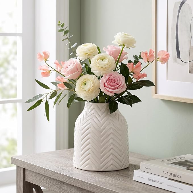hjn White Vase for Flowers Ceramic Vase for Decor, Modern Decorative Vase, Vases for Your Kitchen/Office/Living Room/Bookshelf/Mantel - White Texture(Small)