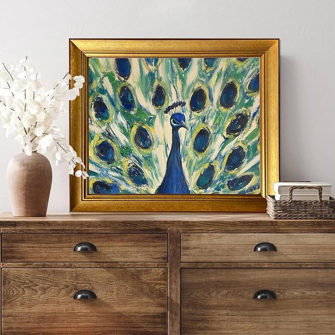 Vintage Gold Framed Canvas Wall Art Peacock Oil Painting Bird Boho Artworks for Bedroom Living Room Bathroom