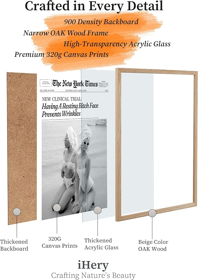 iHery 8x10in Funny Beach Girls Framed Newspaper Wall Art | Natural OAK Wood Frame with Canvas Print, Retro Magazine Decor for Bathroom, Bedroom, Girl Dorm, Living Room 1Pack