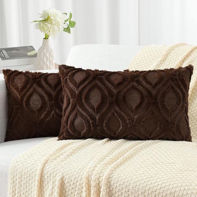 decorUhome Faux Fur Soft Dark Brown Throw Pillow Covers 12x20 Set of 2 | Plush Solid Fall Couch Pillow Covers, Accent Modern Farmhouse Neutral Decorative Square Pillow Cases for Sofa Bed Living Room