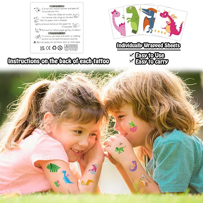 Partywind 408 PCS Kids Tattoos for Party Supplies, Individually Wrapped Sheet Temporary Tattoos Stickers for Kids Goodie Bag Stuffers, Fun Birthday Party Favors - Dinosaur