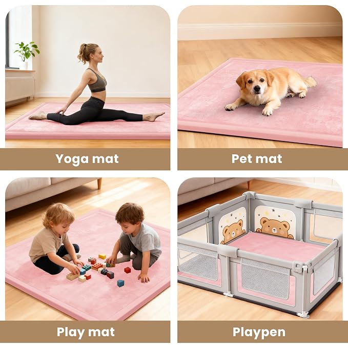 ACOMOPACK Baby Play Mat for Floor 1.3" Thick Memory Foam Play Mats 71"×79" Tummy Time Crawling with Non-slip Bottom for Living Room,Nursery,Soft Velvet Playpen for Kids,Infants（Pink）