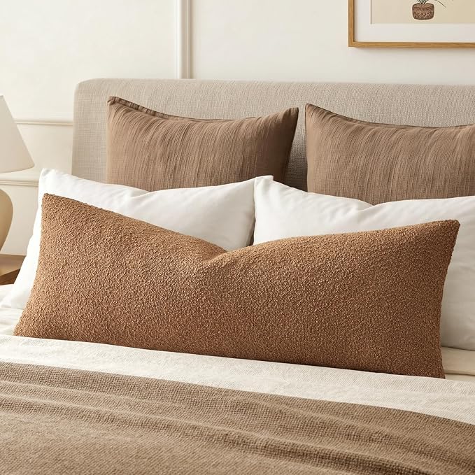 MIULEE Textured Boucle Lumbar Pillow Cover for Bed 14x36 Brown | Pack of 1 Textured Neutral Fall Couch Throw Pillow Cover, Accent Solid Long Body Pillowcase, Sofa Living Room Home Decor