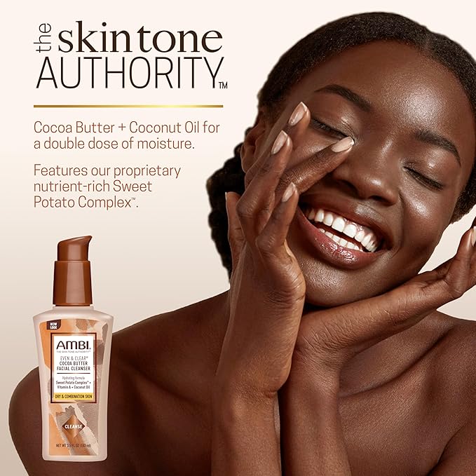 Ambi Even & Clear Cocoa Butter Facial Cleanser With Nutrient-Rich Sweet Potato Complex | Hydrating Formula | Helps Even Skin Tone | 3.5 Ounce