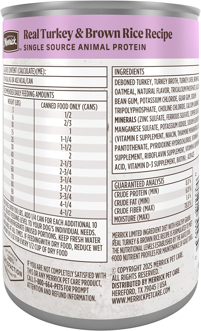 Merrick Limited Ingredient Diet with Healthy Grains Canned Wet Dog Food Turkey & Brown Rice Recipe - 12.7 oz Can