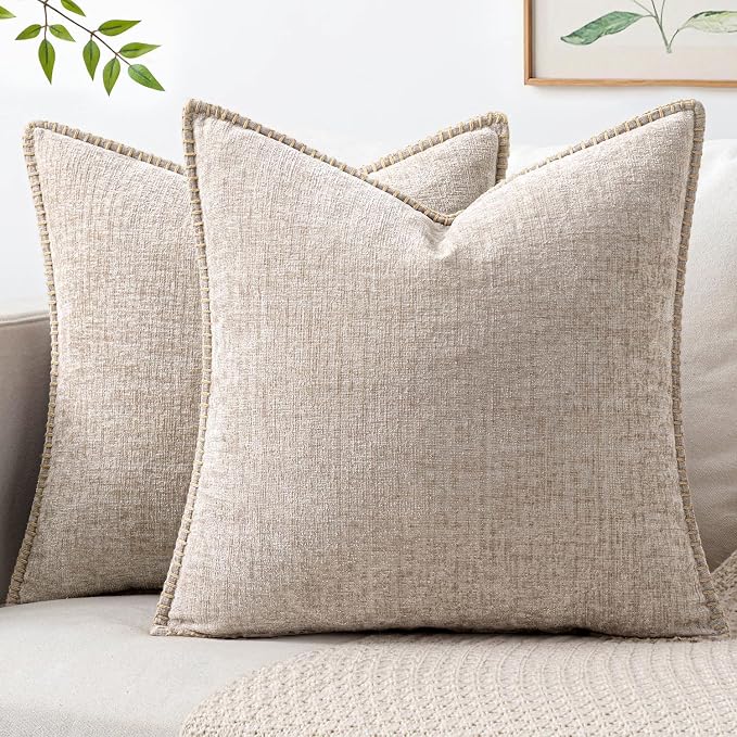 MIULEE Decorative Couch Throw Pillow Covers 20x20 Inch Taupe 2 Pack | Farmhouse Pillow Covers with Stitched Edge, Soft Chenille Cushion Cases, for Sofa Bed Living Room Home Decor