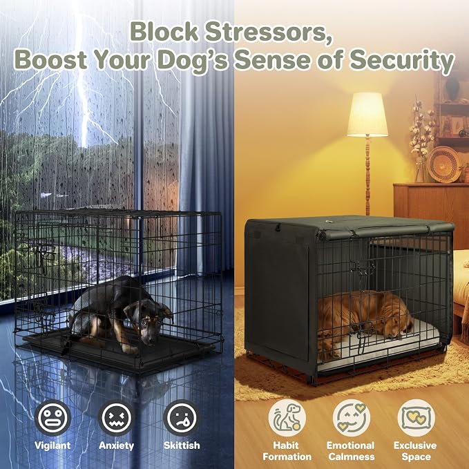 Seiyierr 48 Inche Dog Crate Cover, Double Door Dog Kennel Cover for Large Wire Dog Crate, Lightweight 600D Polyester Windproof Pet Crate Covers, Cover Only, Black