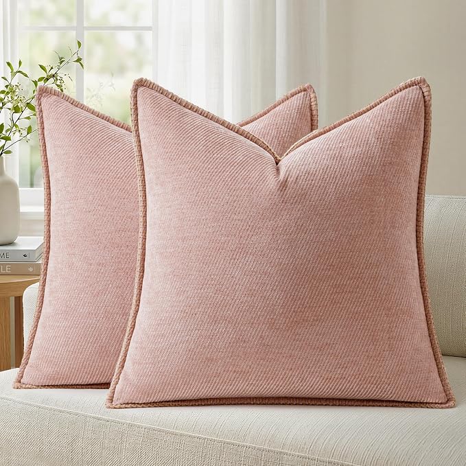 a moment Pack of 2 Decorative Chenille Throw Pillow Covers with Twill Cushion Covers for Sofa Living Room Couch Bed 16x16 Inch,Crafted Border Blush Pink