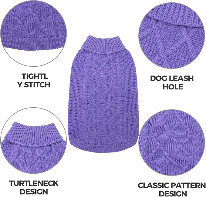 Mihachi Turtleneck Dog Sweater - Winter Coat Apparel Classic Cable Knit Clothes with Leash Hole for Cold Weather, Ideal Gift for Pet in New Year Light Purple S
