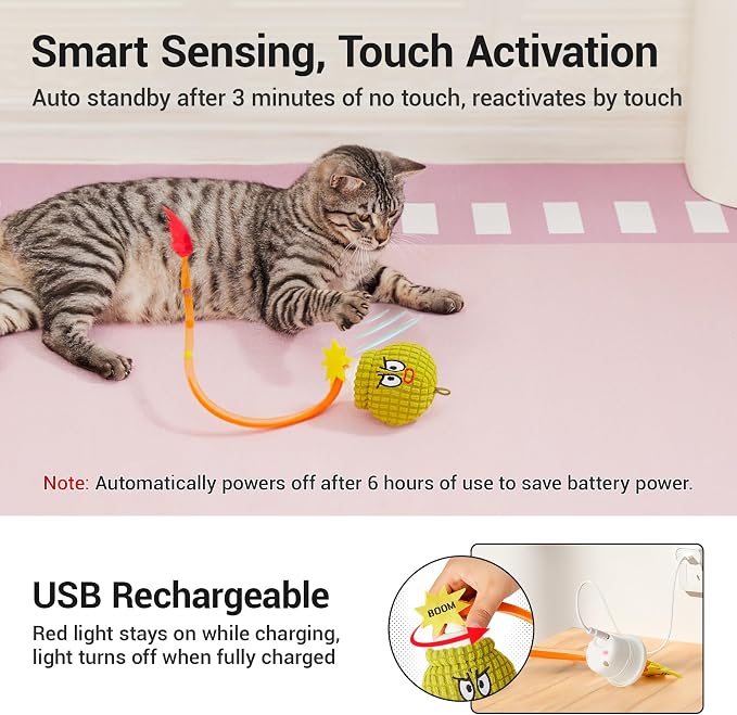 Potaroma Interactive Cat Toy with Motion Sensor, Chirping Sound & Catnip | Mesh Tail, Rechargeable Smart Rolling Ball for Bored Indoor Kittens & Adult Cats 3 Inches