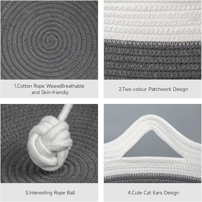 Cotton Rope Woven Cat Bed Basket, Cat Beds for Indoor Cats | Hand woven pet bed with toy tail, fits indoor cats, small puppies & rabbits, soft woven sofa sleeping basket for small pets